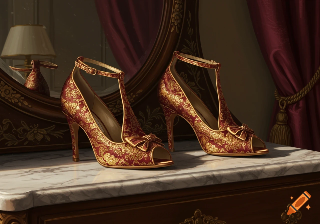 Two ornate red and gold high-heeled shoes with ankle straps and bows on a marble surface with a mirror and red curtains.