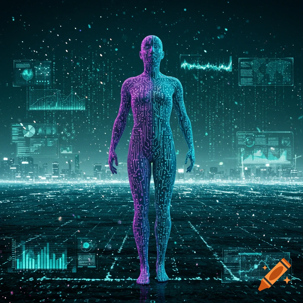 A glowing, circuit-patterned human figure stands in a neon-lit digital city with data screens, symbolizing digital transformation.