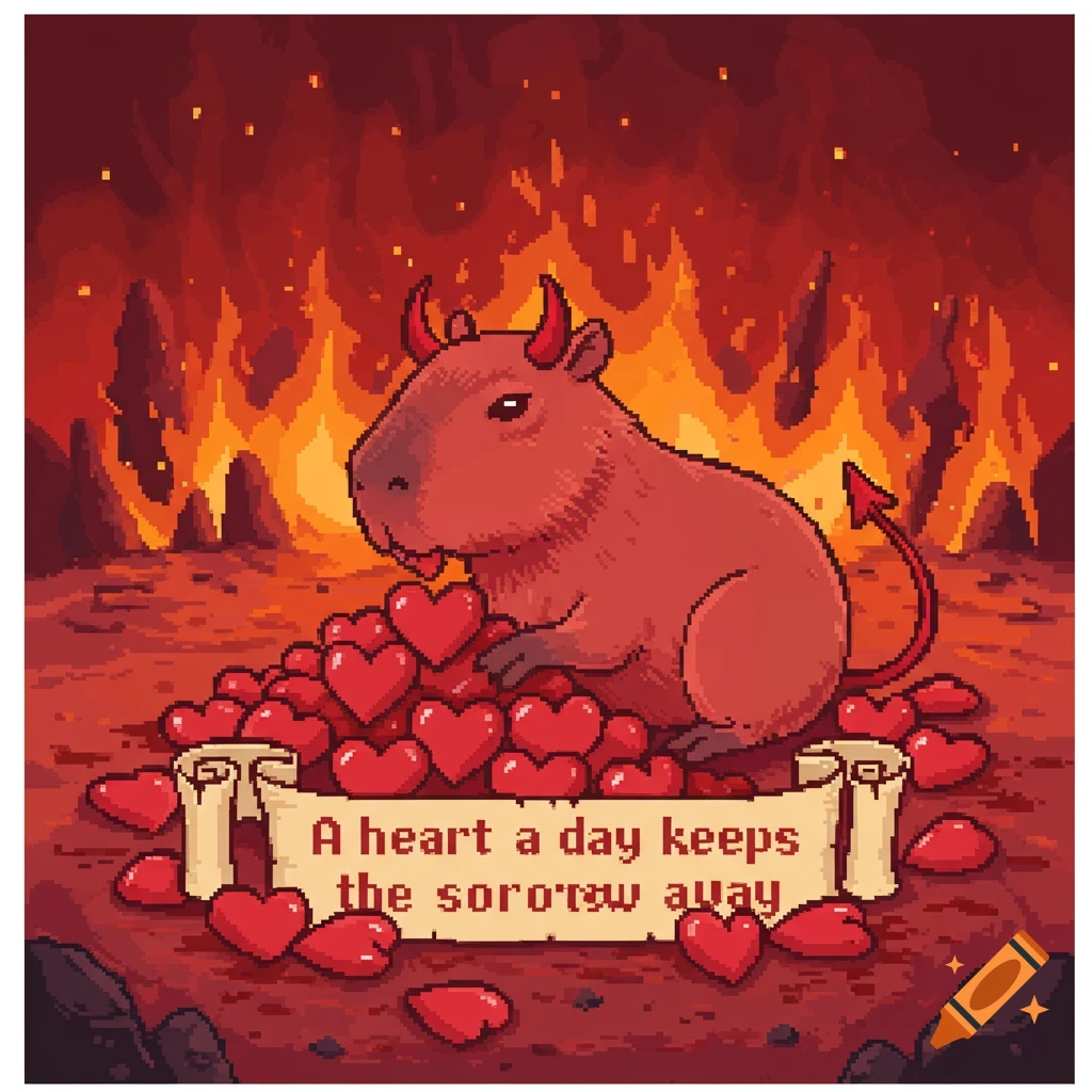 Pixel art of a red devil capybara with horns and tail, sitting on red hearts in a fiery landscape. A scroll reads "A heart a day keeps the sororow away."