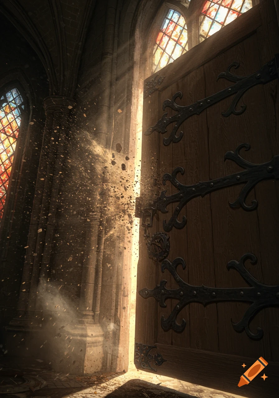 A dramatic shot inside a gothic-style building, where a heavy wooden door slams shut, sending dust and debris flying into bright sunlight streaming through stained glass windows.