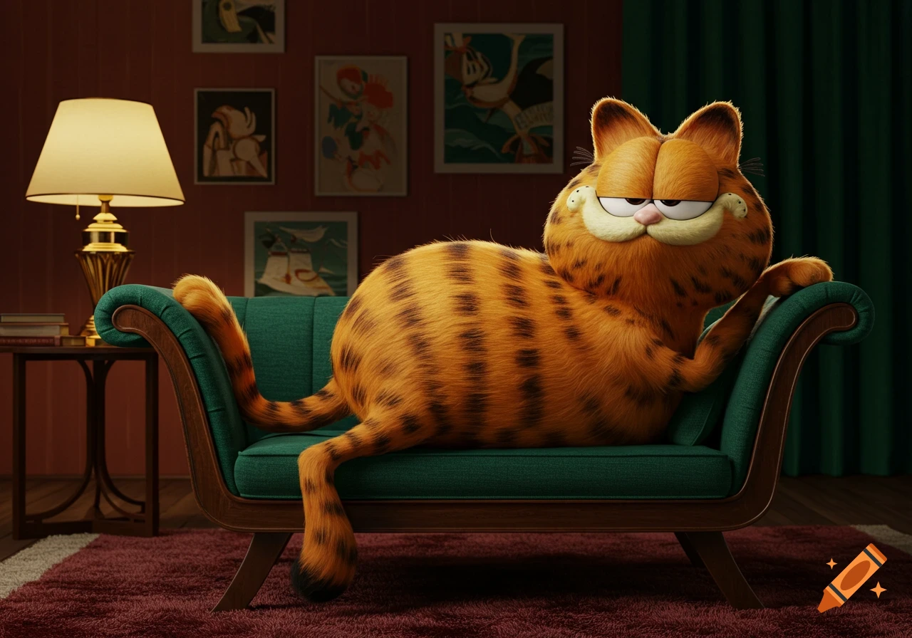 Garfield the orange cat lounges lazily on a green chaise lounge in a cozy room with a lamp and framed art, 3D animated style.
