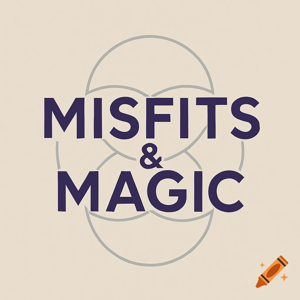 Dark purple 'MISFITS & MAGIC' text within light gray intersecting circles on a cream background.