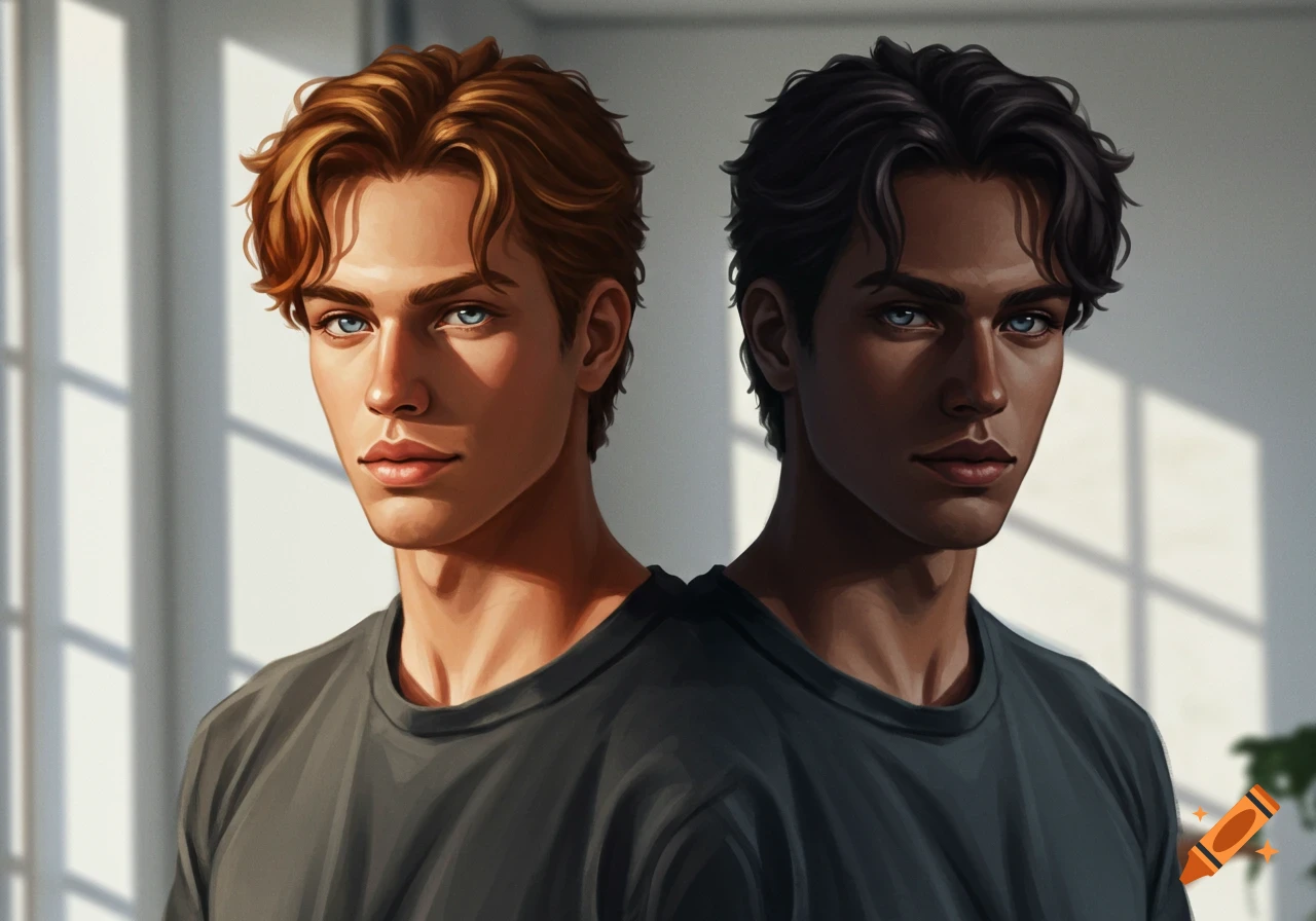 Two digital art portraits of men. The left man has brown hair, the right has dark brown hair, both with blue eyes, in gray shirts.