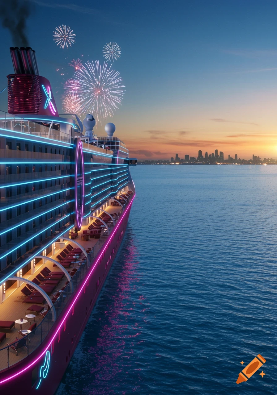 A vibrant, neon-lit cruise ship with pink and blue lights sails at sunset with fireworks overhead and a city skyline in the distance.