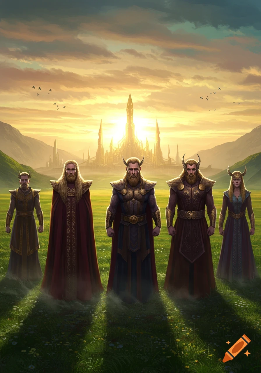 Five fantasy figures in elaborate armor and robes stand in a grassy field before a glowing golden castle under a sunset sky, birds flying.