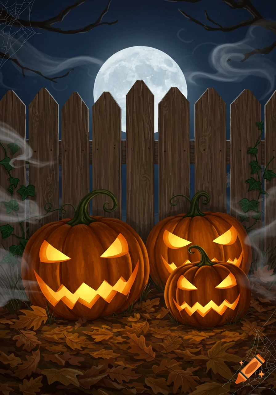 Halloween illustration of three glowing jack-o'-lanterns among autumn leaves by a fence under a full moon.