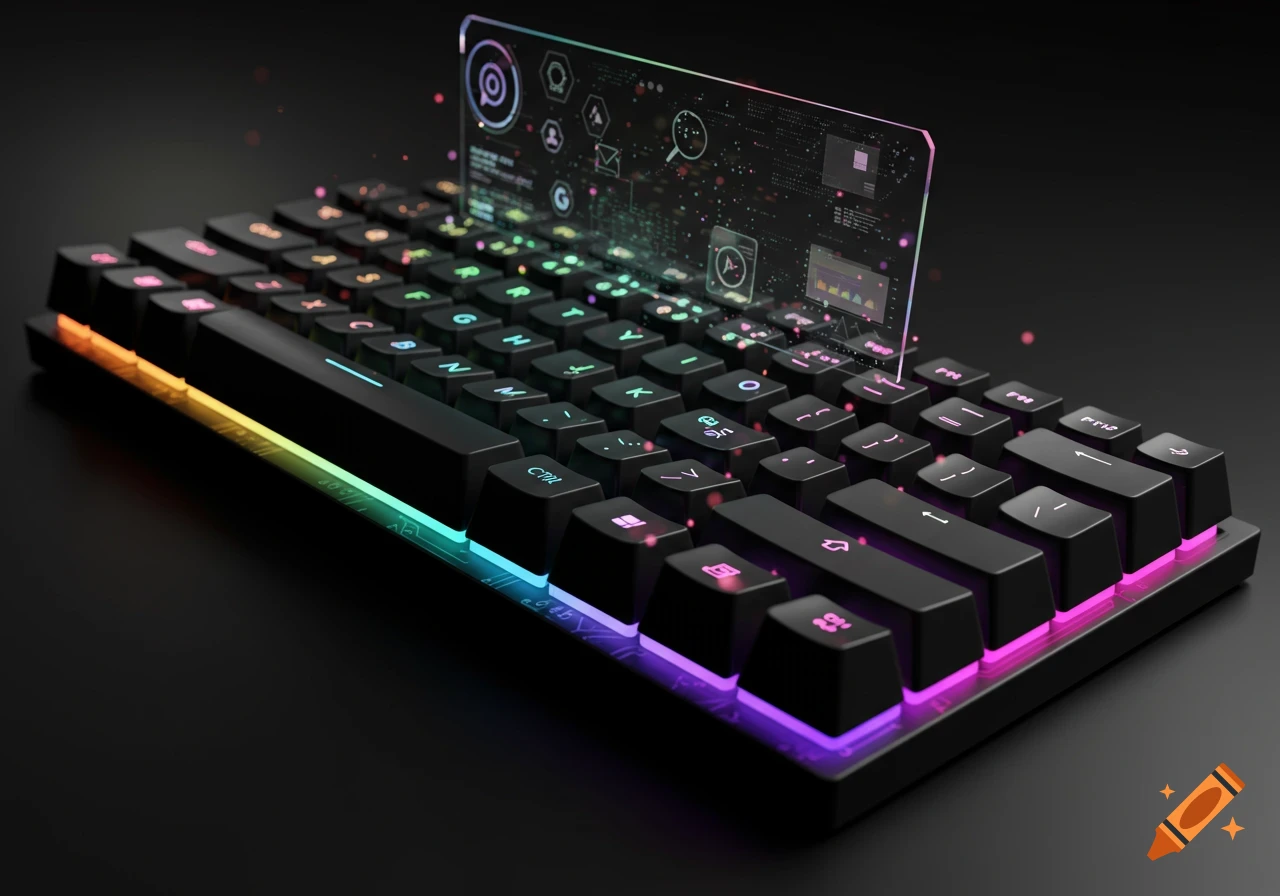 Sleek black mechanical keyboard with vibrant RGB lighting and a translucent, glowing screen displaying futuristic data and icons.