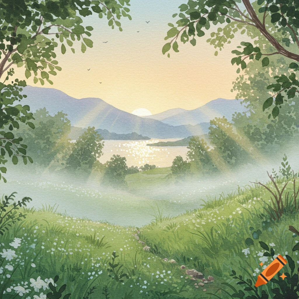 A misty Scottish glen at sunrise with a sparkling loch, green hills, and white wildflowers in a soft watercolor style.