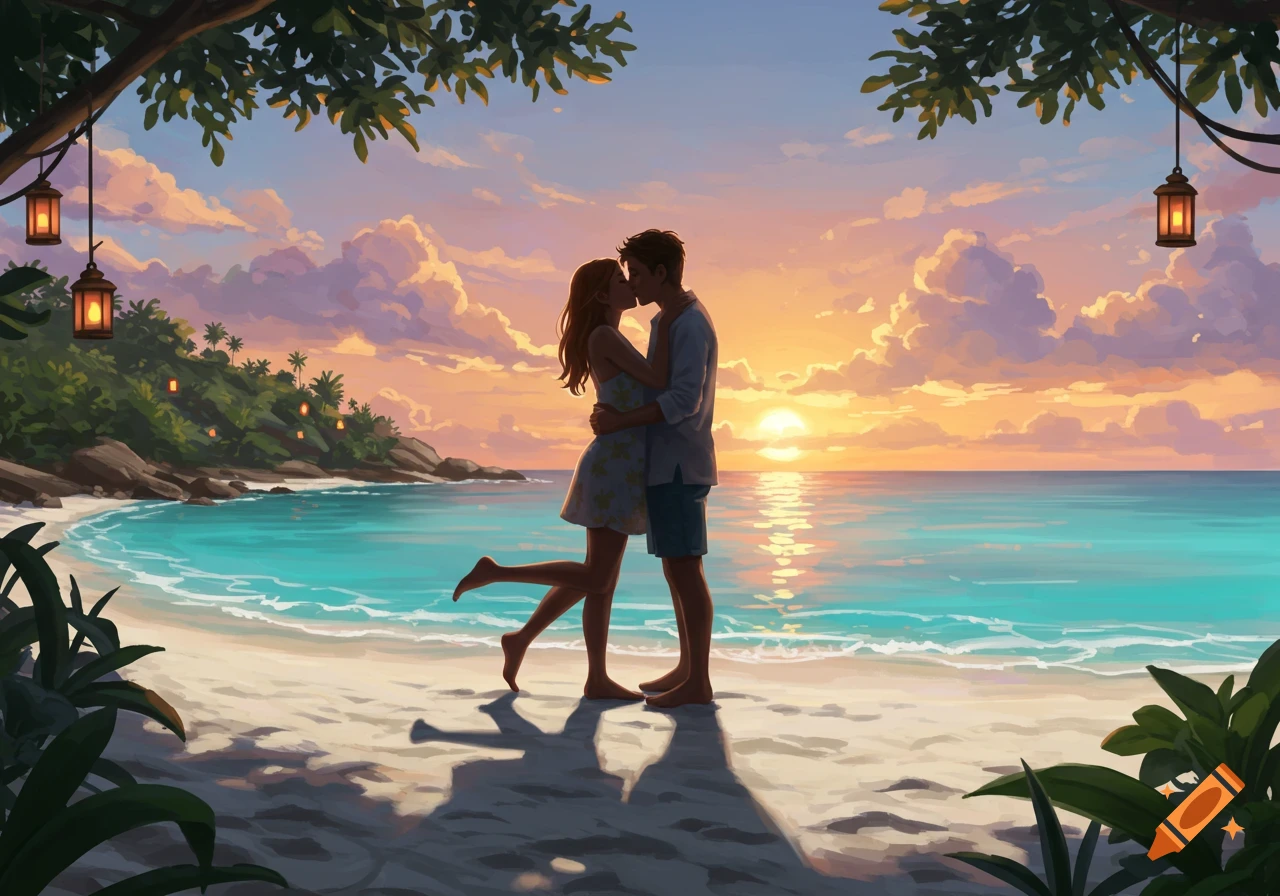 An illustrated couple kisses and embraces on a tropical beach at sunset, with turquoise waves and lanterns hanging from a tree.