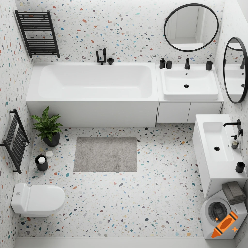 Overhead view of a modern minimalist bathroom with terrazzo floor, white fixtures, black accents, and a green plant.