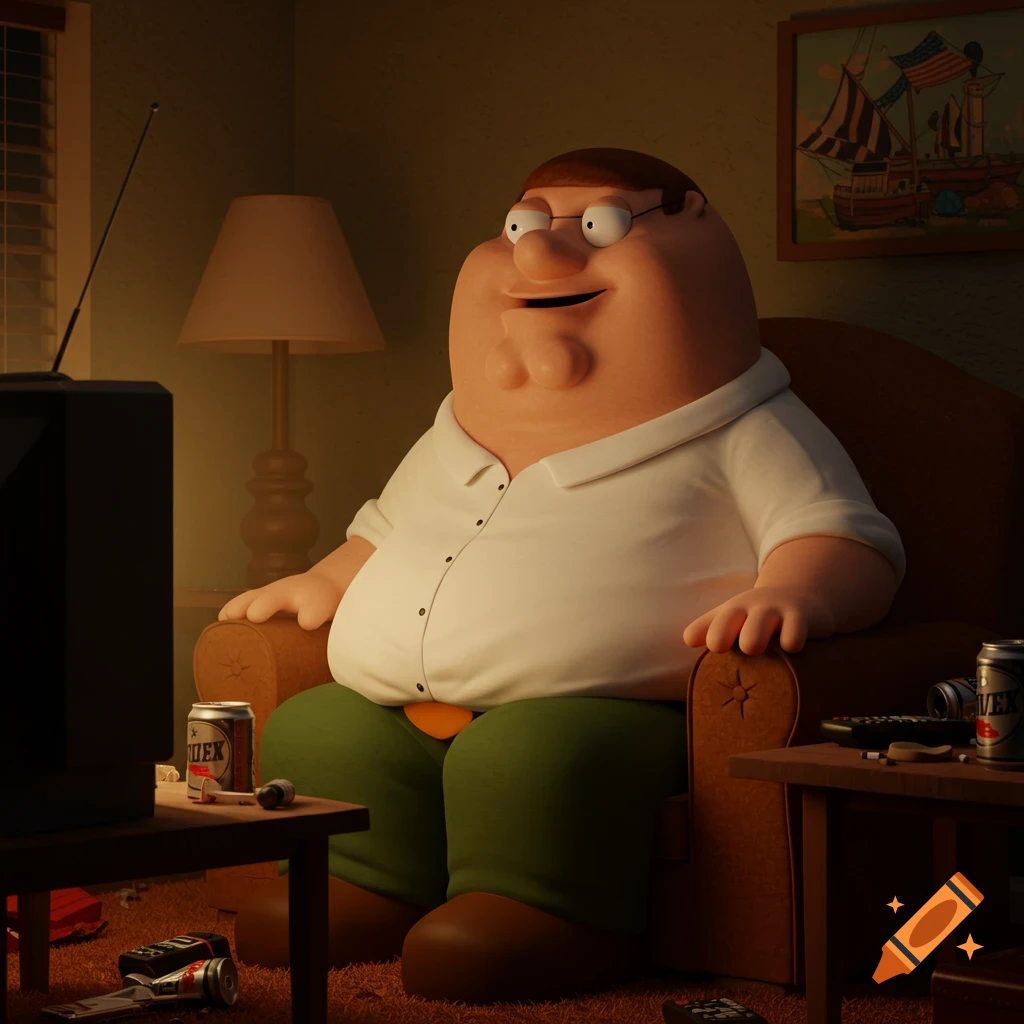 A realistic 3D render of a portly Peter Griffin from Family Guy sitting in a cozy, dimly lit living room, watching TV.
