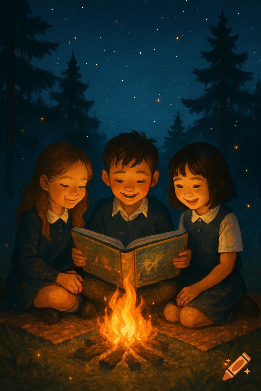 Illustrated scene of three smiling children reading a book by a campfire at night in a forest under stars.