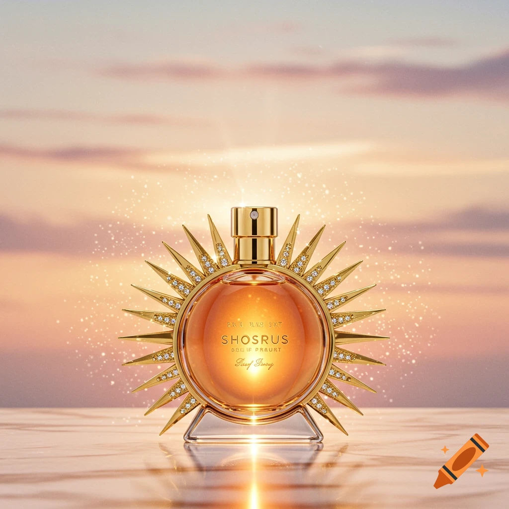 A golden, sun-shaped perfume bottle with diamonds on a reflective surface against a warm sunset background, sparkling.