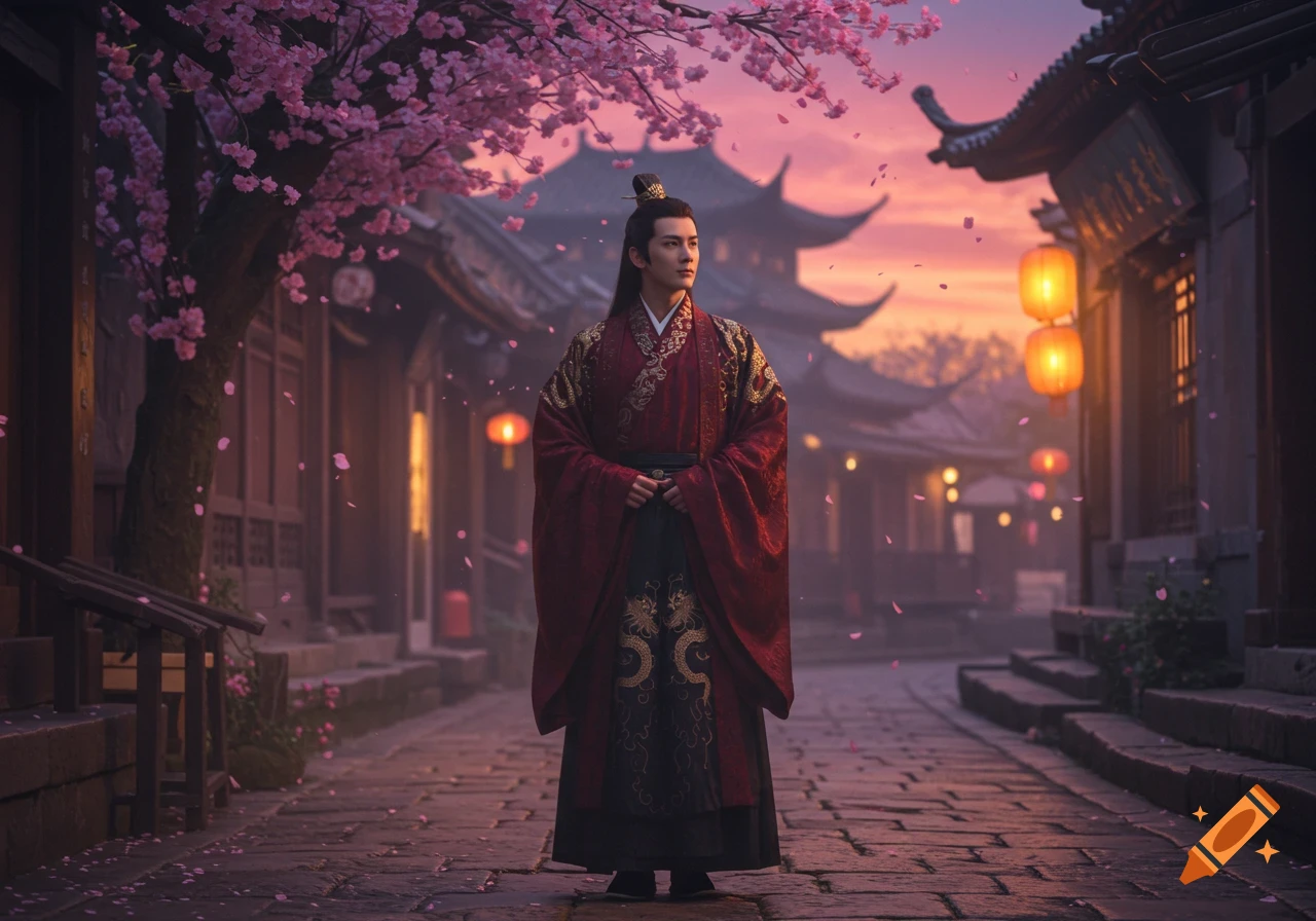 A man in a red traditional East Asian robe stands on a cobbled street with cherry blossoms and ancient buildings at sunset. Photorealistic.