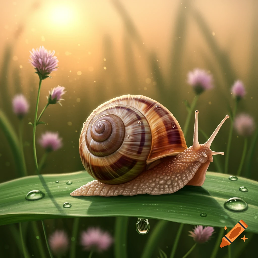 A detailed snail with a striped shell rests on a dewy green leaf, illuminated by soft sunlight, with blurred pink flowers in the background.