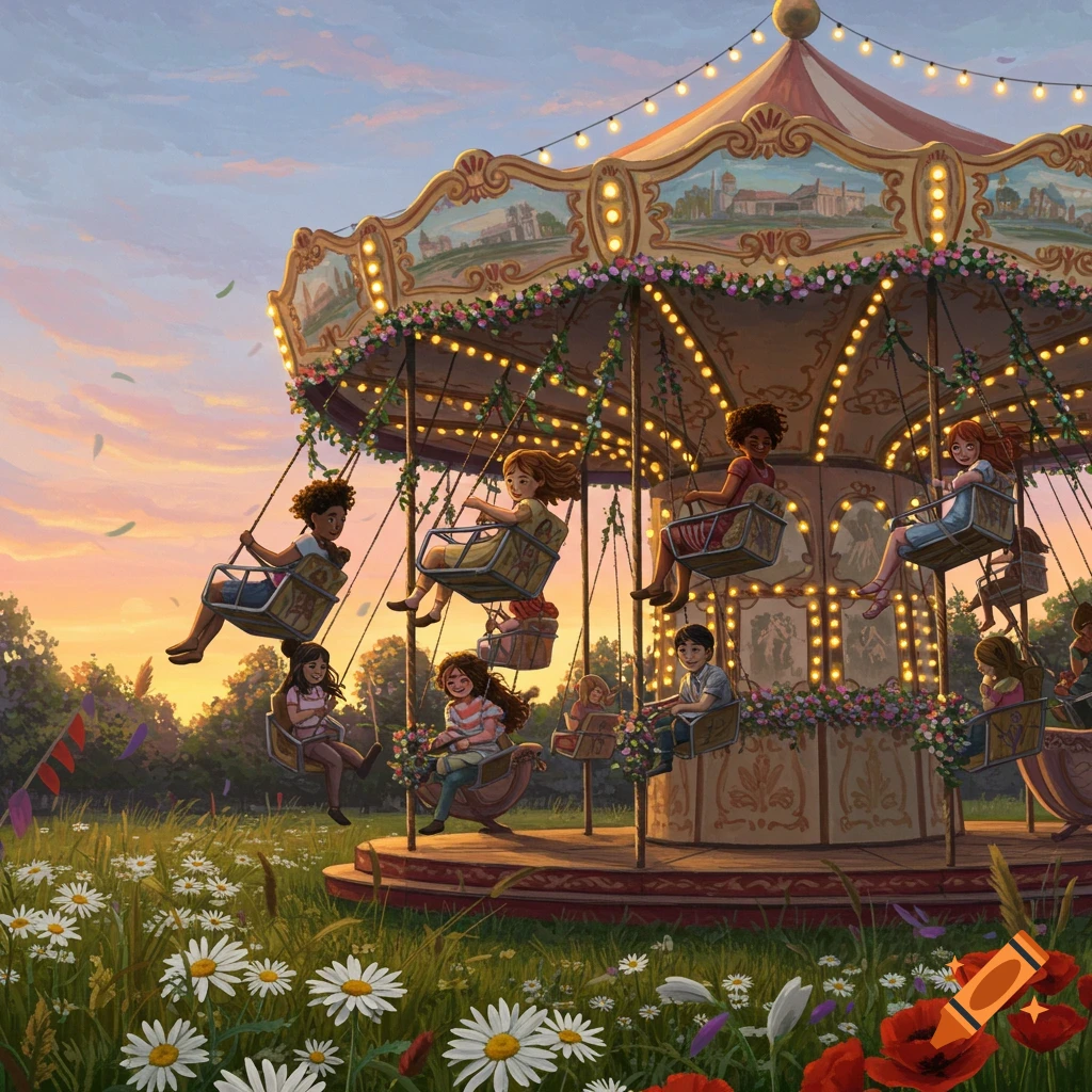 Happy children ride a beautiful, ornate carousel at sunset in a field of wildflowers, digital art.