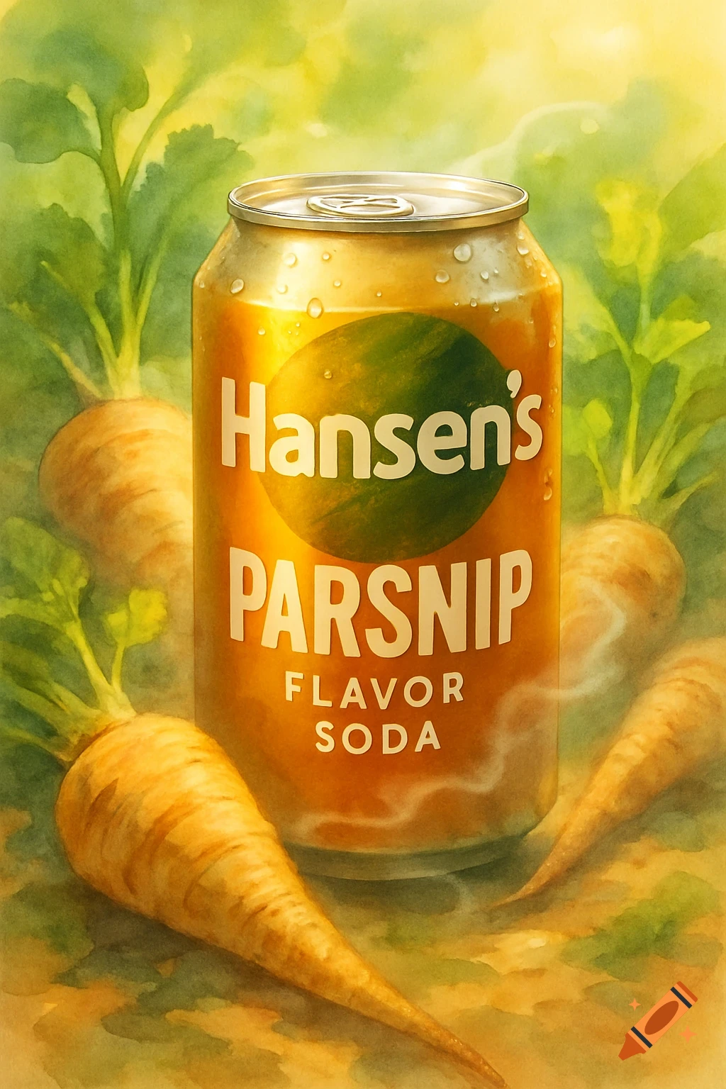 A watercolor illustration of a Hansen's parsnip flavor soda can surrounded by parsnips with green leaves.