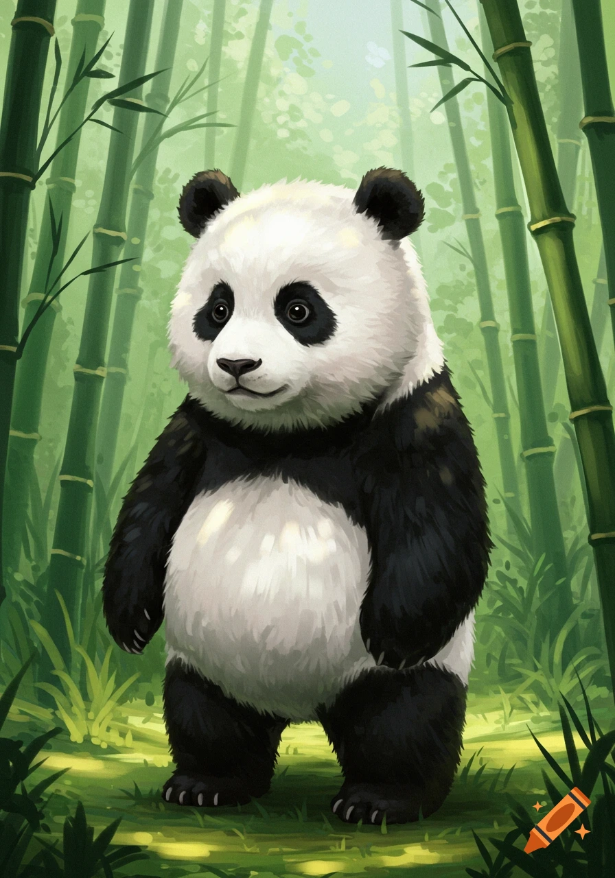 A cute illustration of a baby panda standing on two legs in a vibrant bamboo forest.