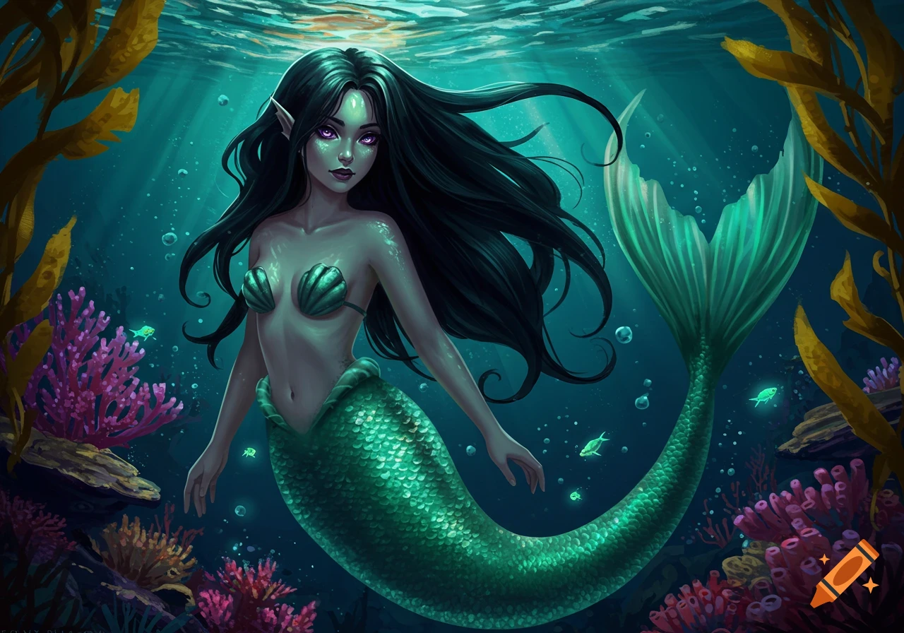A young mermaid with long black hair and purple eyes swims gracefully underwater amidst coral, seaweed, and rays of sunlight.