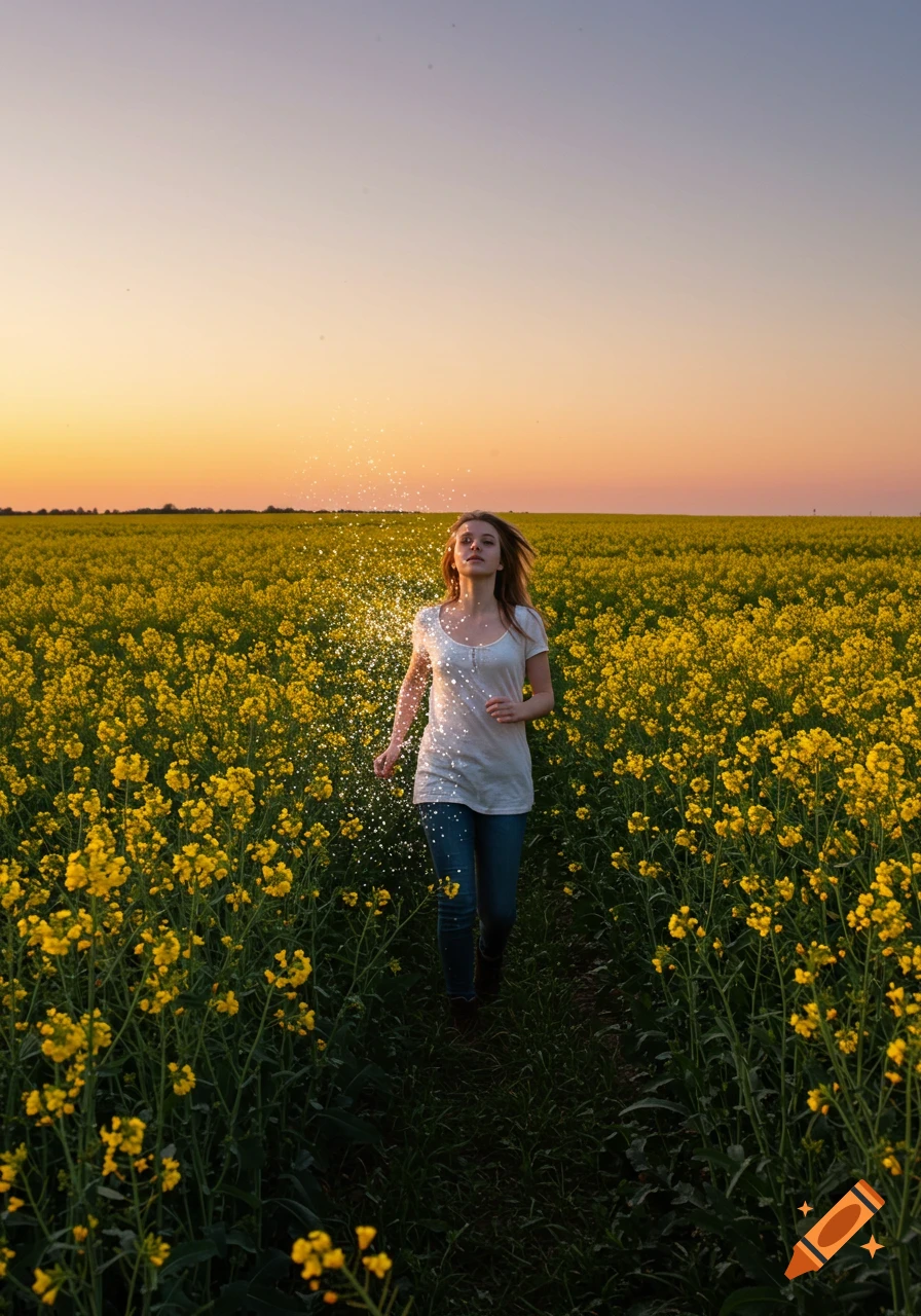 A realistic photo of a young woman running through a yellow rapeseed field at sunset, shimmering as if teleporting.