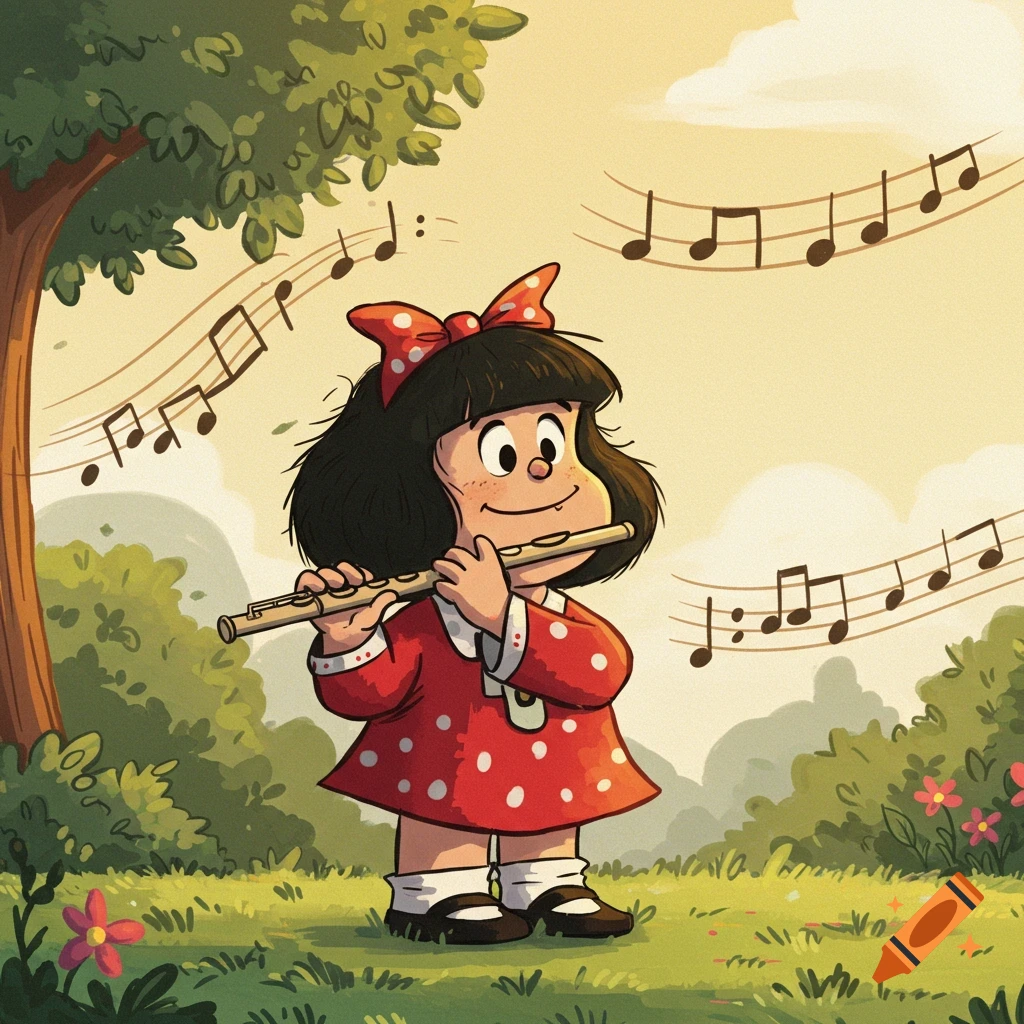A cartoon girl resembling Mafalda, with a red polka dot dress and bow, plays a flute in a park with musical notes floating around her.