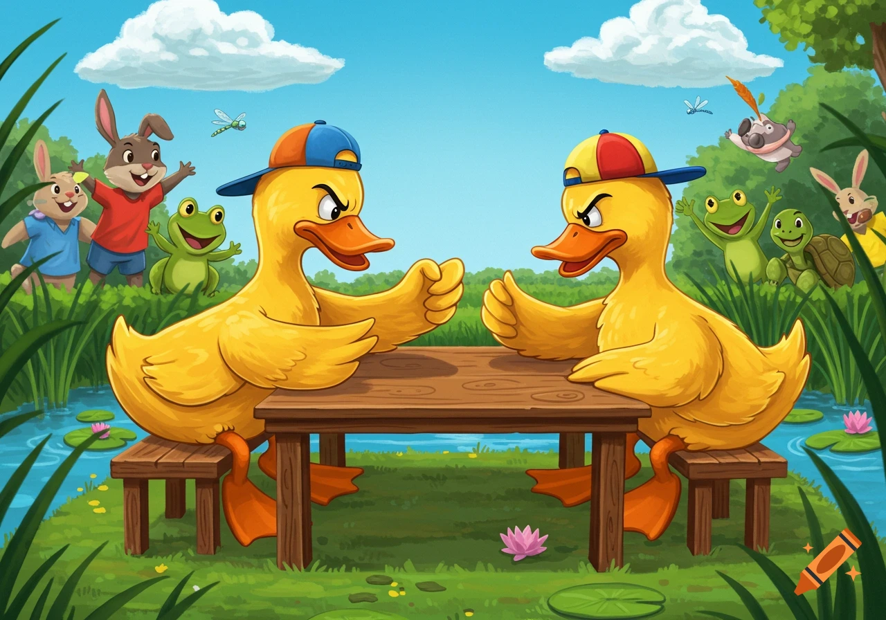 Two angry cartoon ducks arm wrestle at a wooden table while cartoon rabbits, frogs, a turtle, and a koala cheer them on by a pond.