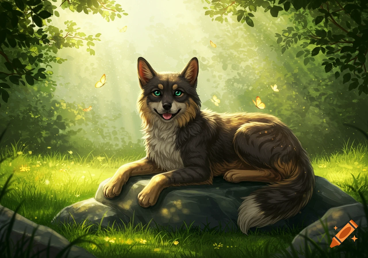 A stylized dog-cat hybrid with bright green eyes lies on a rock in a sunlit, vibrant green forest with butterflies.