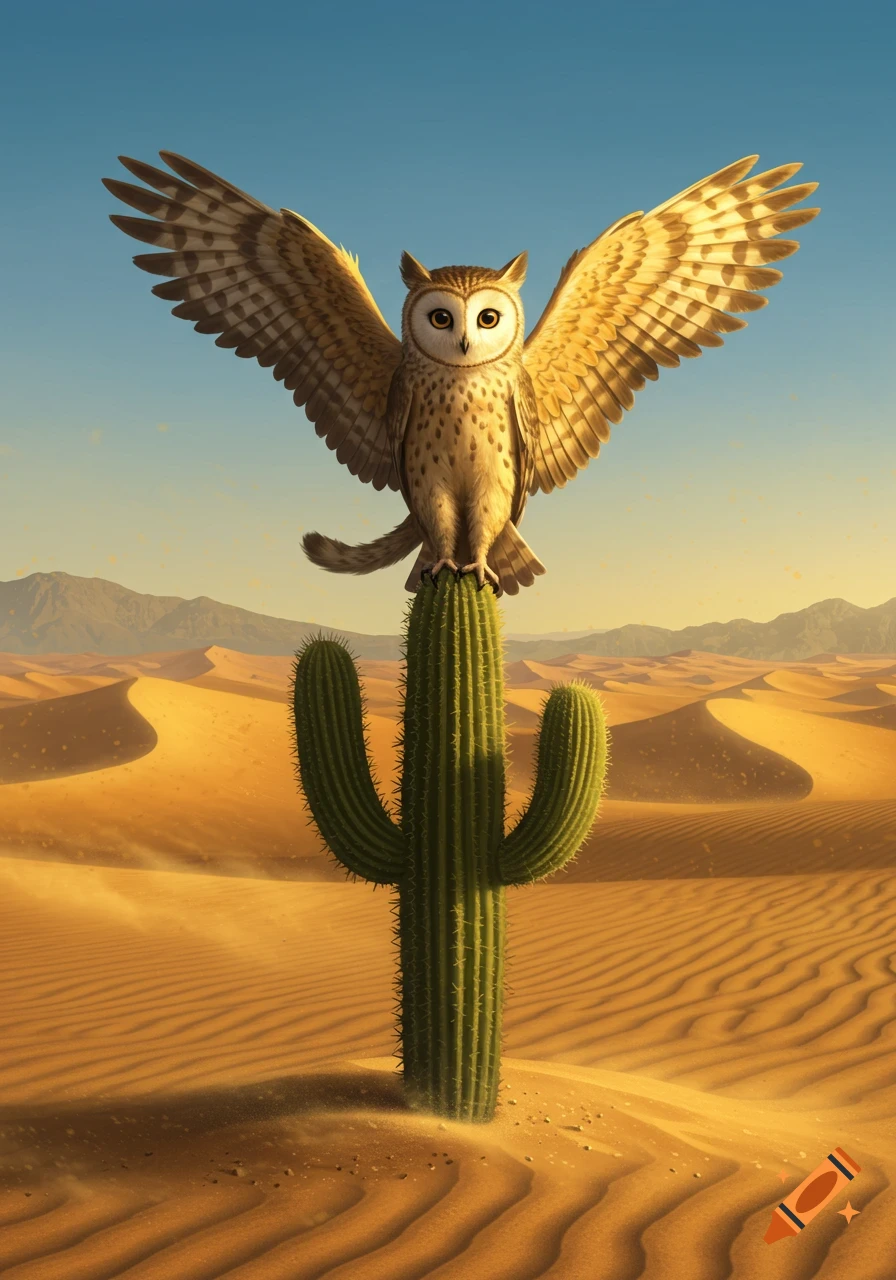 An owl with outstretched wings perches on a tall saguaro cactus in a sunlit desert with undulating sand dunes.