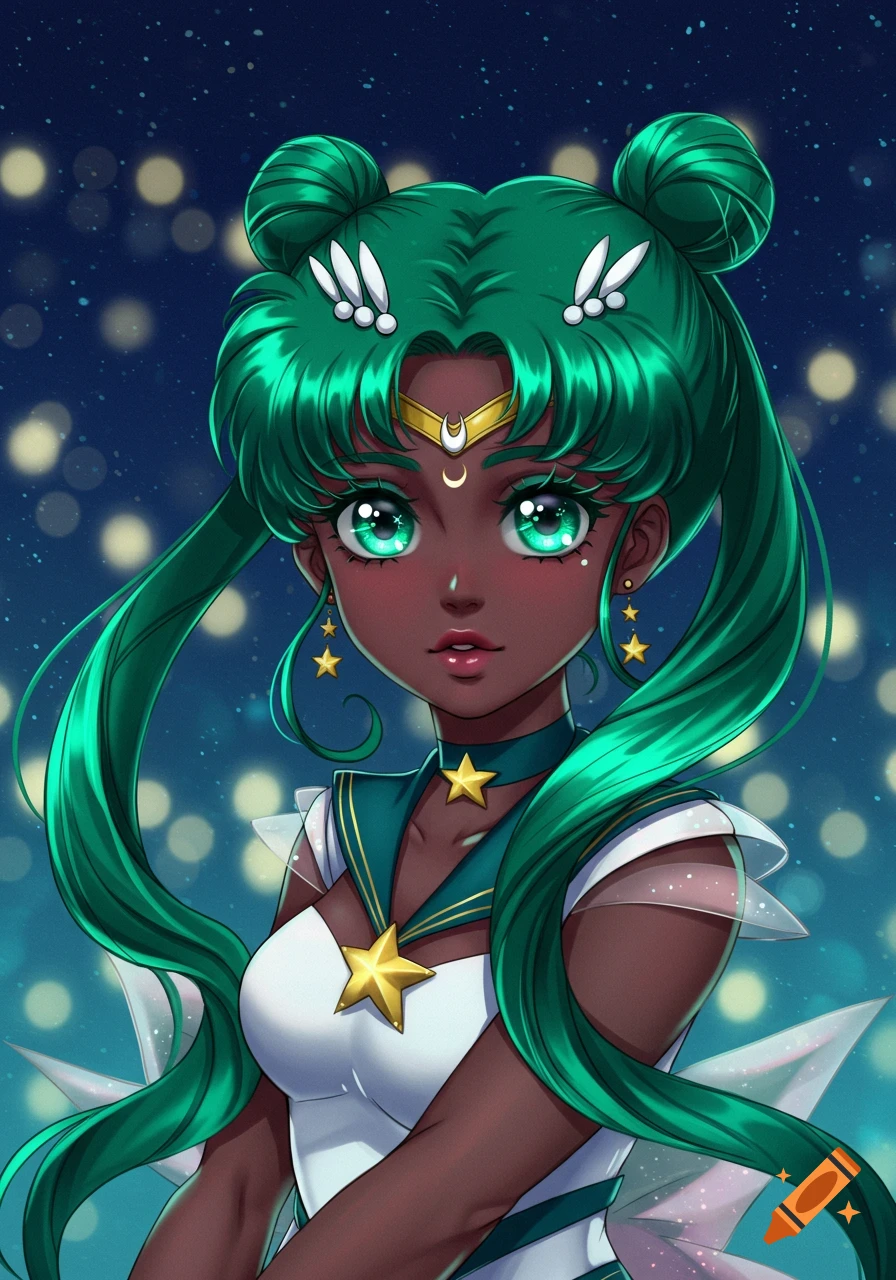 Dark-skinned anime girl with green hair and sparkly green eyes in a Sailor Moon-style outfit against a bokeh background.