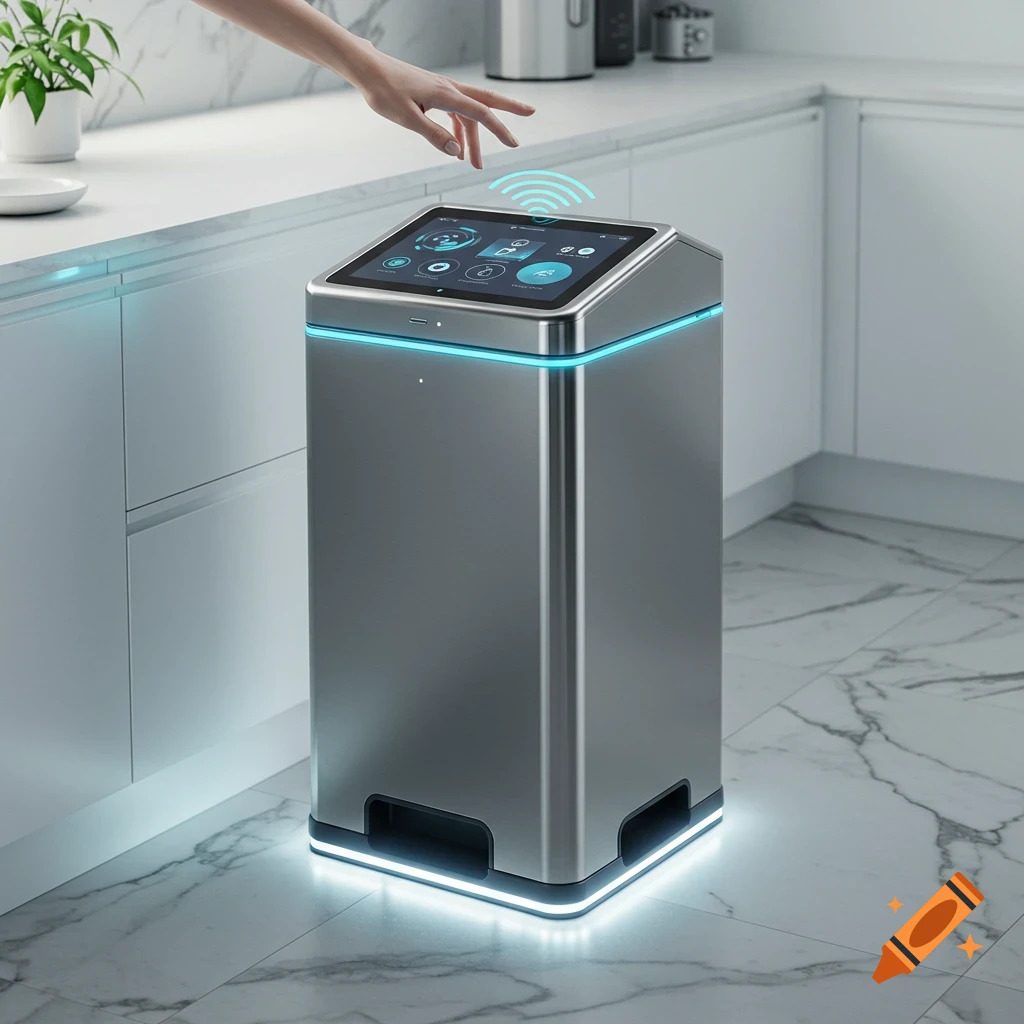 A futuristic silver smart trash bin with a touchscreen and glowing blue LED lights stands in a modern kitchen, a hand reaching above it.