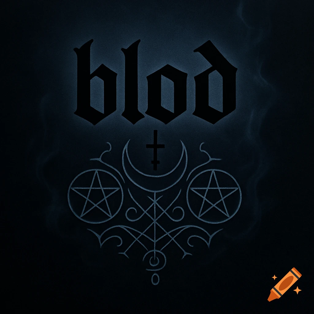 Dark blue logo featuring the gothic text 'blóð' above glowing occult symbols like pentagrams, an inverted cross, and sigils.