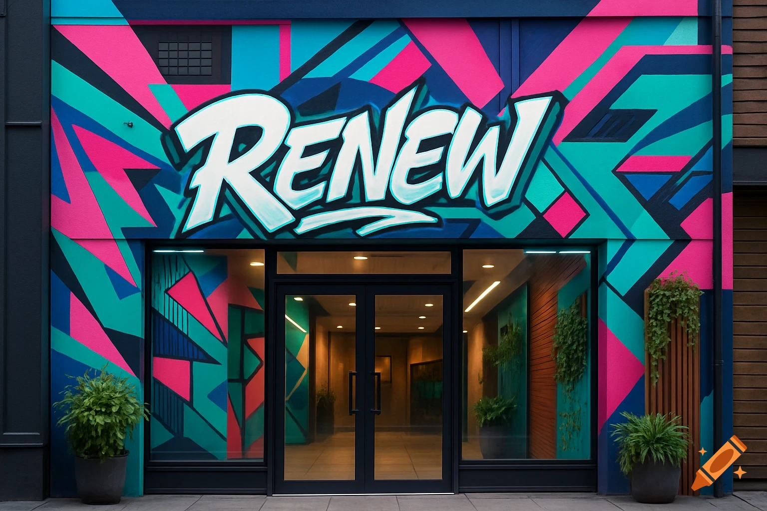 A storefront facade with a vibrant, geometric graffiti mural in pink, teal, and blue, featuring the word "RENEW" in white stylized letters above a modern glass entrance.