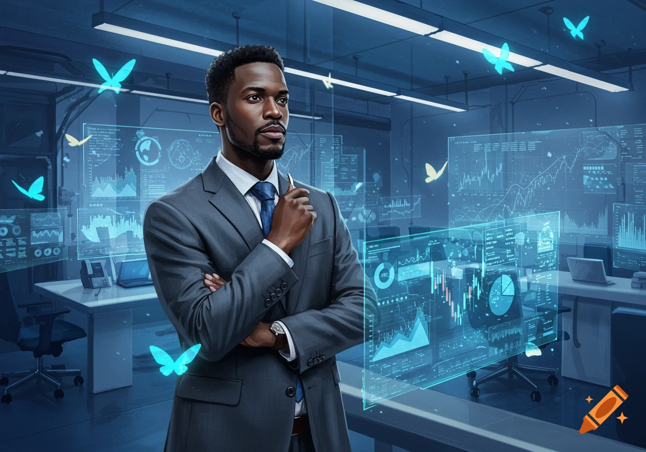 A man in a suit stands in a futuristic office with glowing holographic data displays and blue butterflies.