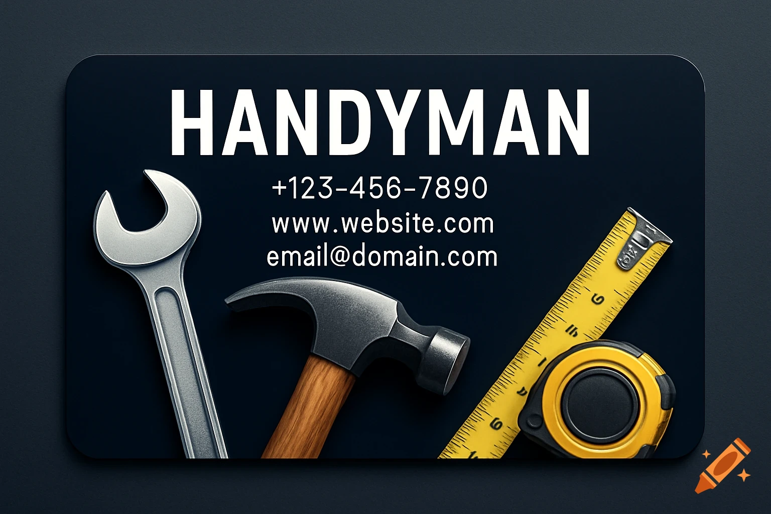 A dark blue business card with HANDYMAN, contact info, a silver wrench, a hammer, and a yellow tape measure.
