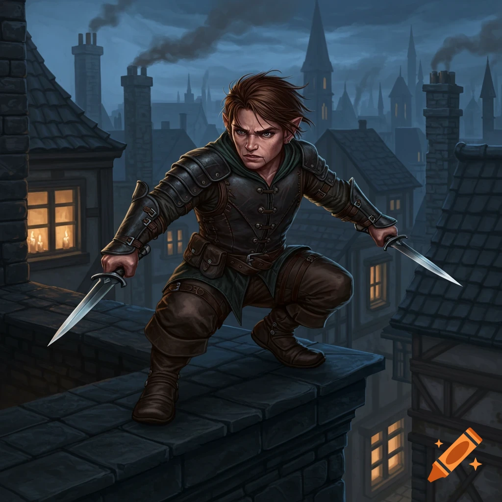 A male halfling rogue in leather armor crouches on a dark rooftop at night, holding two daggers, with a medieval city skyline in the background.