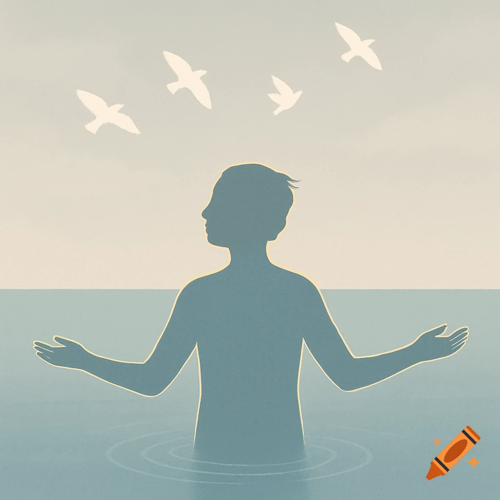 Minimalist illustration of a person's silhouette in water with outstretched arms, four birds flying in a pale sky.