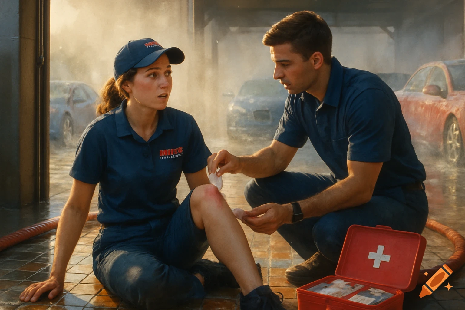 A man applies a bandage to a woman's scraped knee as she sits on the ground in a carwash bay, with a first aid kit.
