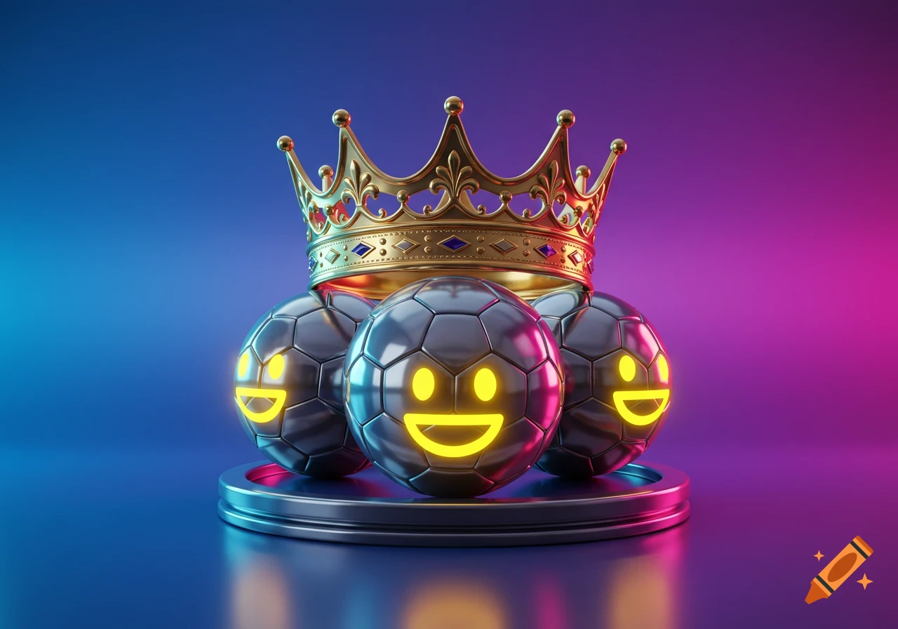 A golden crown rests on three metallic soccer balls with glowing yellow smiley faces on a stand, against a blue and pink gradient background.