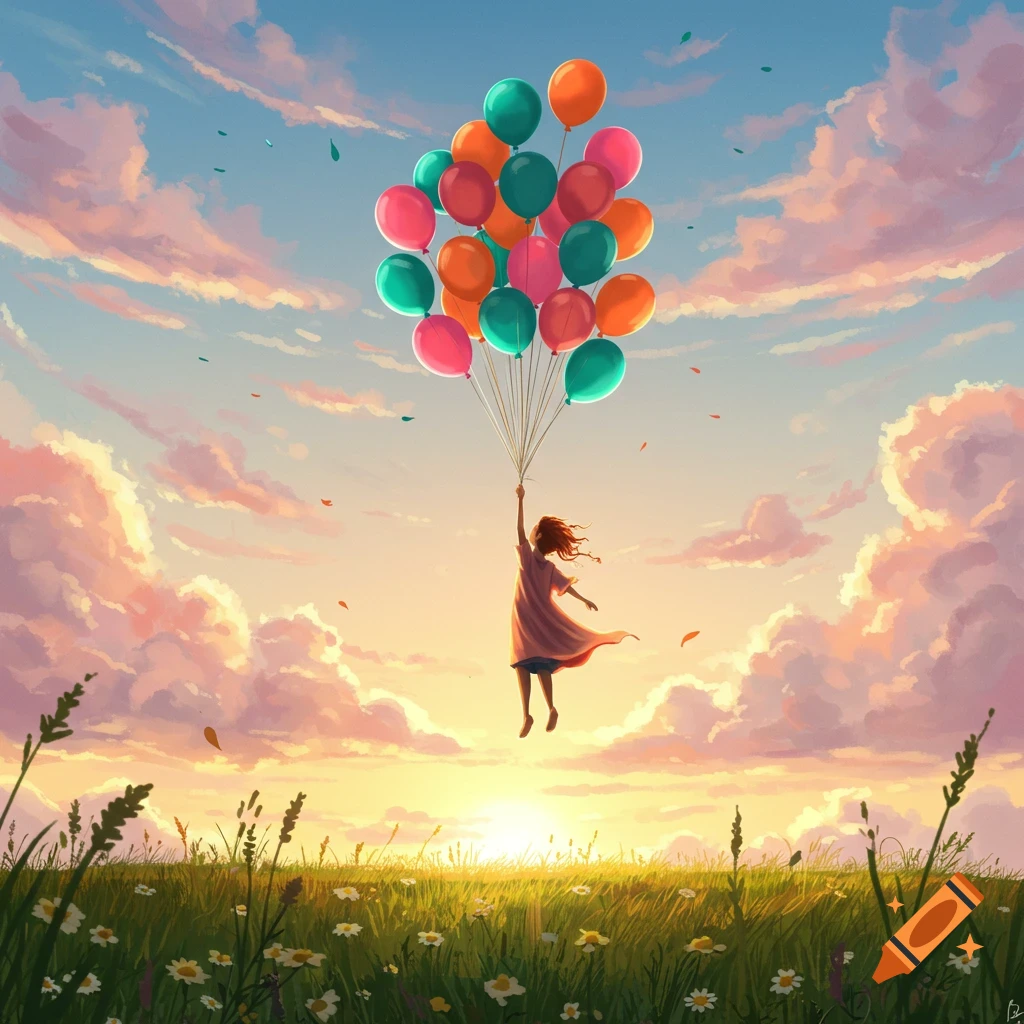A girl floats upwards holding a large bunch of colorful balloons over a sunny meadow with a dramatic, cloudy sky, in an illustrative style.