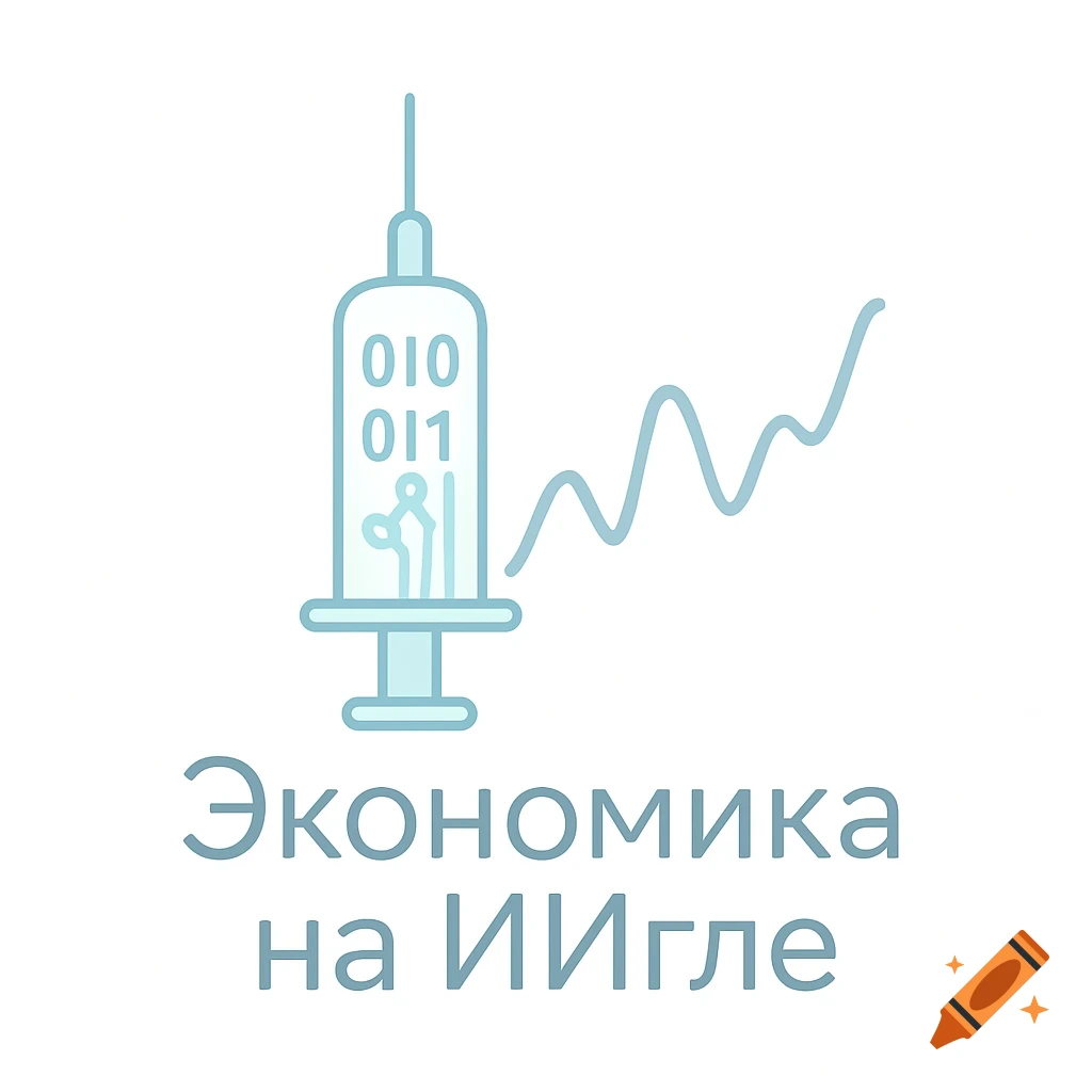 Minimalist light blue logo with a syringe containing binary code, a rising line graph, and Russian text '". Экономика на ИИгле'.