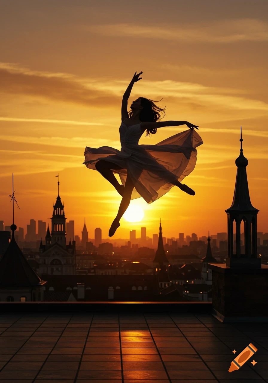 A silhouetted ballet dancer leaps gracefully on a rooftop against a vibrant orange sunset over a cityscape.