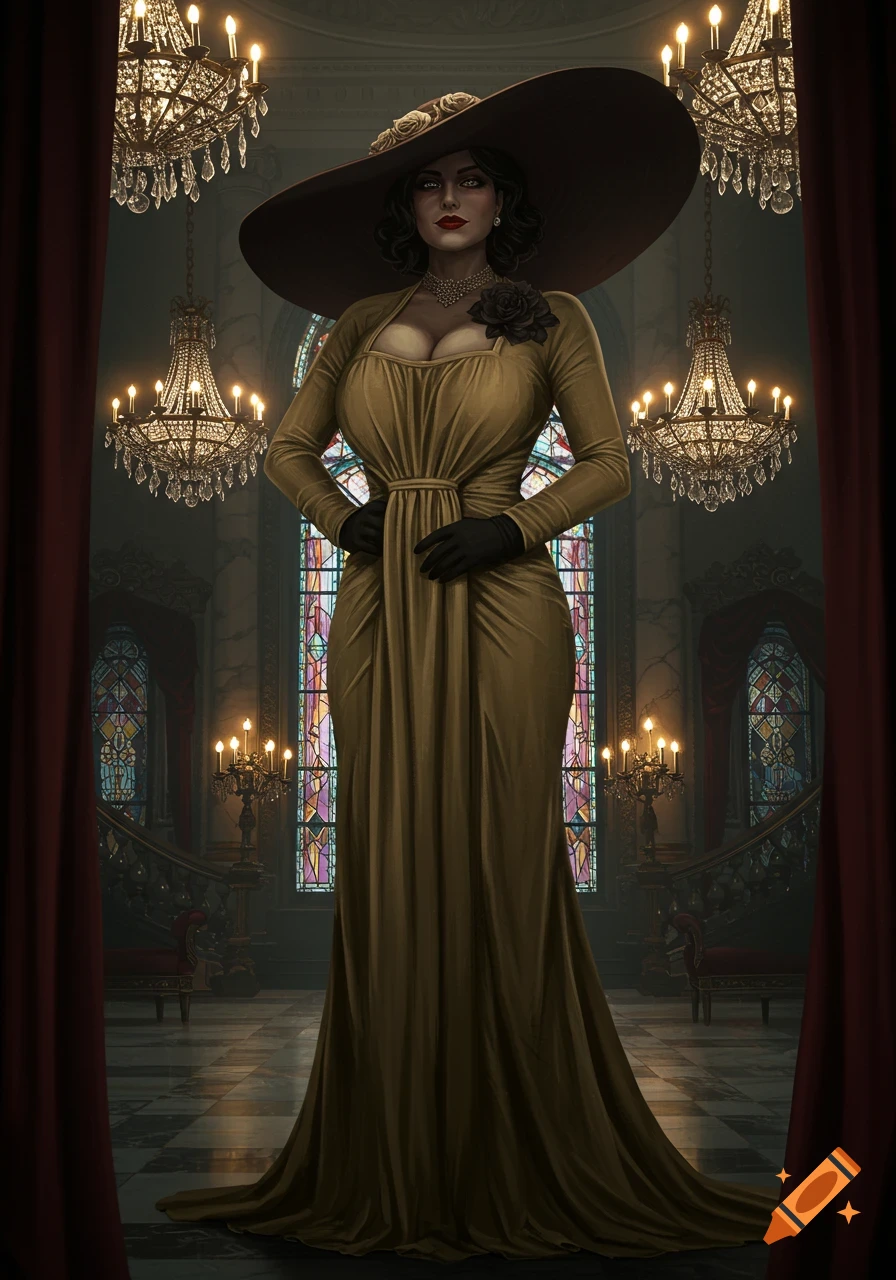 Lady Dimitrescu in a wide-brimmed hat and golden dress stands in a gothic mansion with chandeliers and stained glass windows.