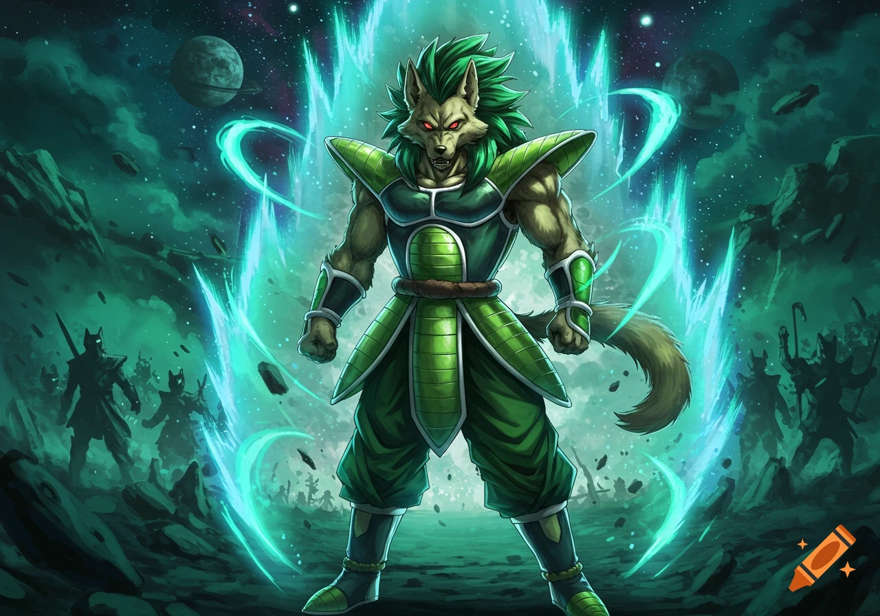 A powerful wolf-like Saiyan in green armor with glowing green hair stands in a cosmic landscape, surrounded by an aqua aura, facing silhouetted figures.