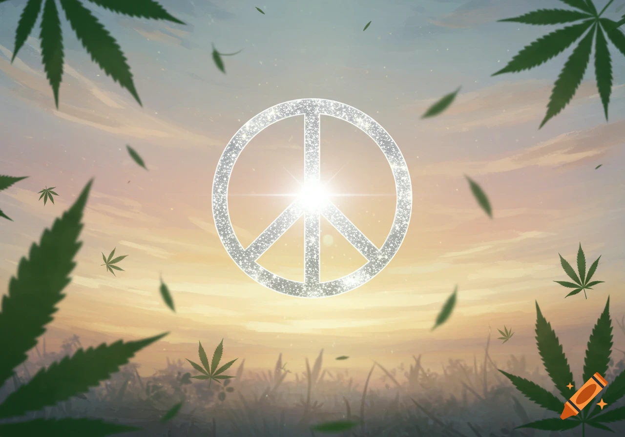 A sparkling peace sign centered in front of a misty field at sunset, with numerous cannabis leaves floating in the foreground and background.