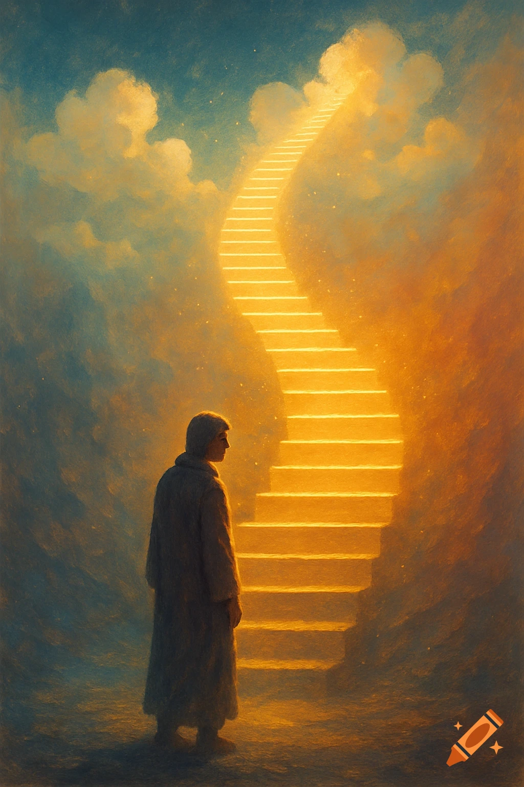 A person in a long robe looks up at a winding, glowing golden staircase disappearing into bright clouds in an ethereal, painterly sky.