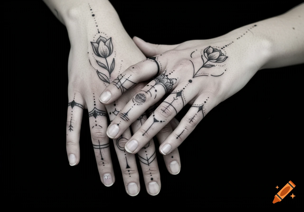 Close-up of two hands adorned with intricate black line art tattoos featuring tulips and geometric patterns against a dark background.