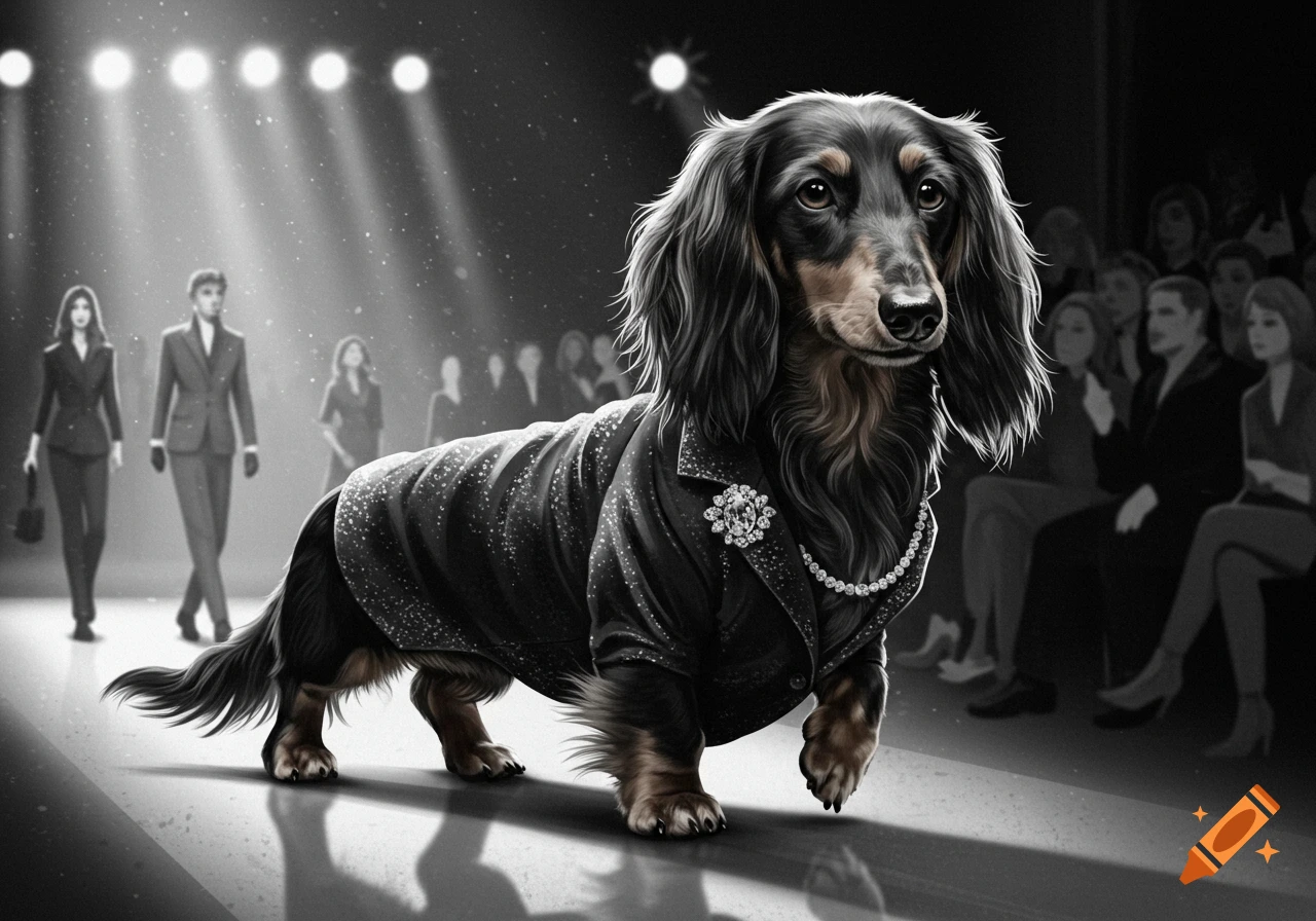 A long-haired dachshund dog wearing a sparkling black suit, pearl necklace, and brooch walks confidently down a spotlighted fashion runway.