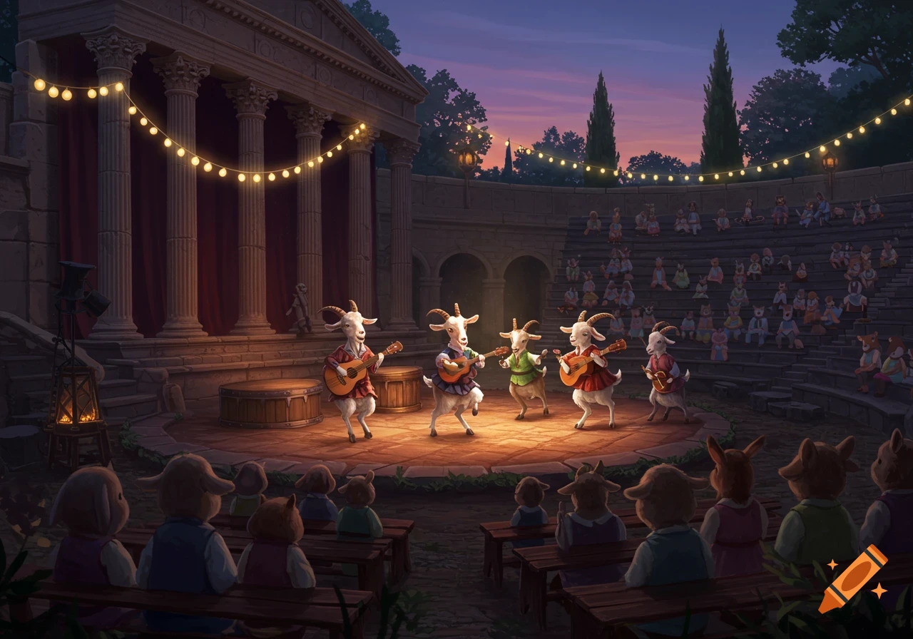 Anthropomorphic goats play instruments on a stage in an ancient-style outdoor theater, with an audience of small anthropomorphic creatures.