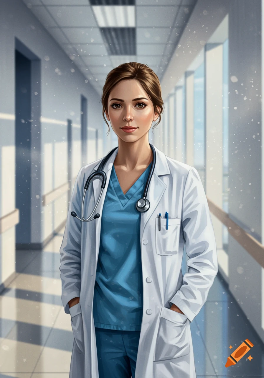 Young lady doctor in a white lab coat and blue scrubs with a stethoscope, standing in a bright hospital hallway, illustrated style.