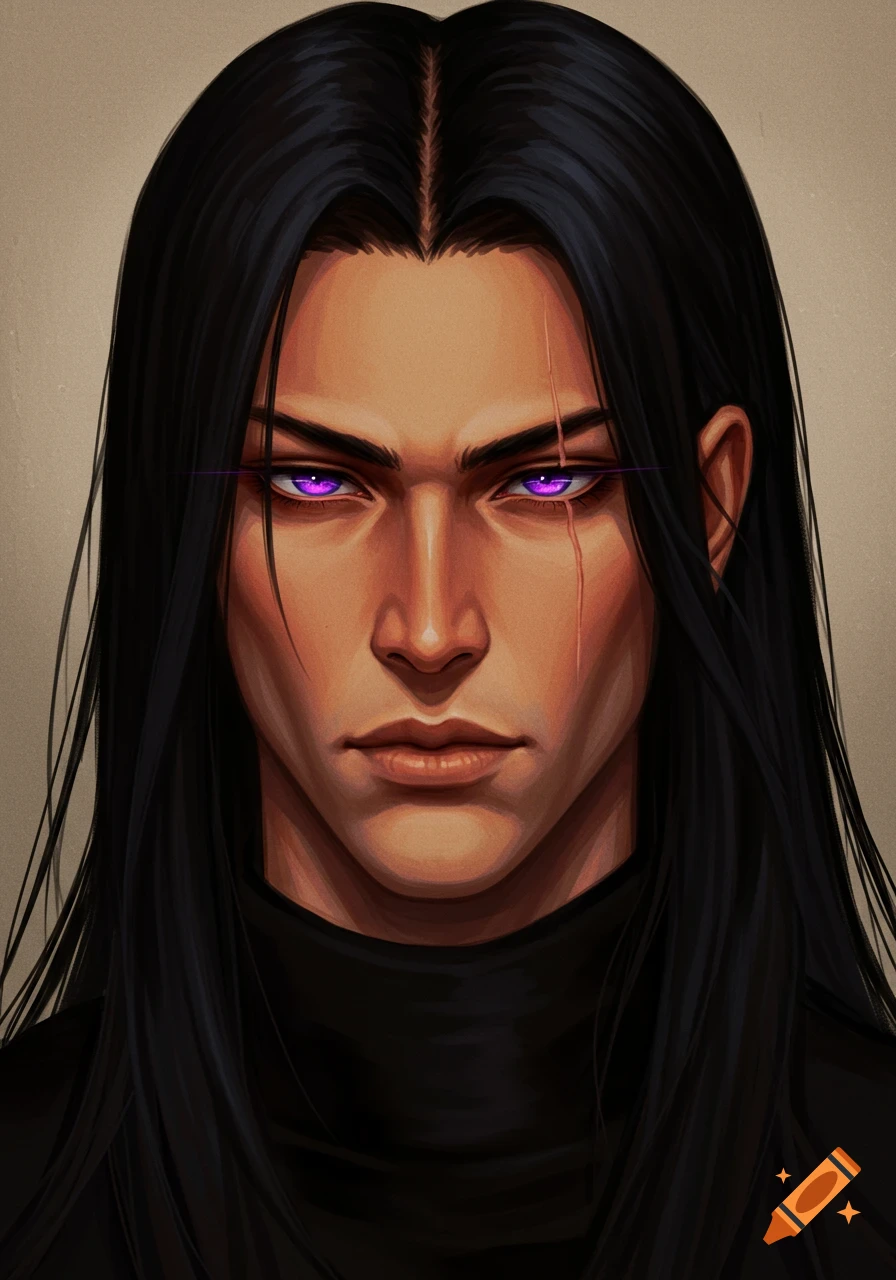 Portrait of a tan man with long black hair, intense purple eyes, and a scar under his left eye.